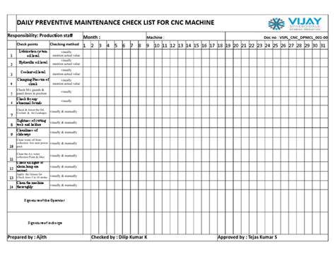 cnc machine preventive maintenance checklist excel|cnc machine maintenance checklist pdf.